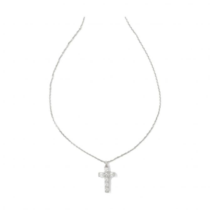 Kendra Scott Gracie Silver Tone Cross Short Pendant Necklace in White Crystal