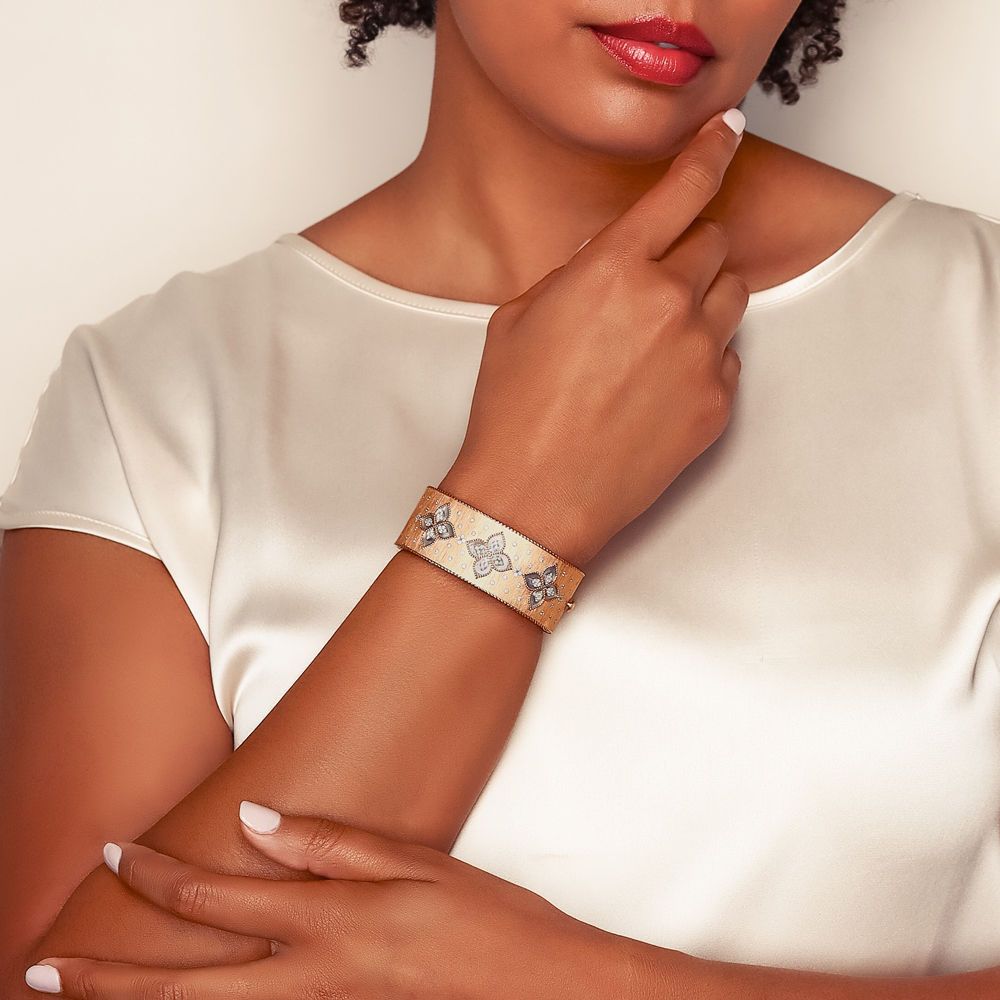 Roberto Coin Venetian Princess Rose Gold Satin Wide Bangle Bracelet with Diamonds & Mother of Pearl