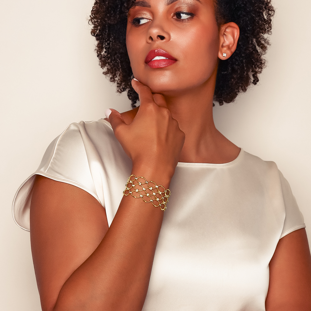 Marco Bicego Marrakech Onde 18K Yellow Gold and Diamond Flat Link 3 Row Bracelet, 7