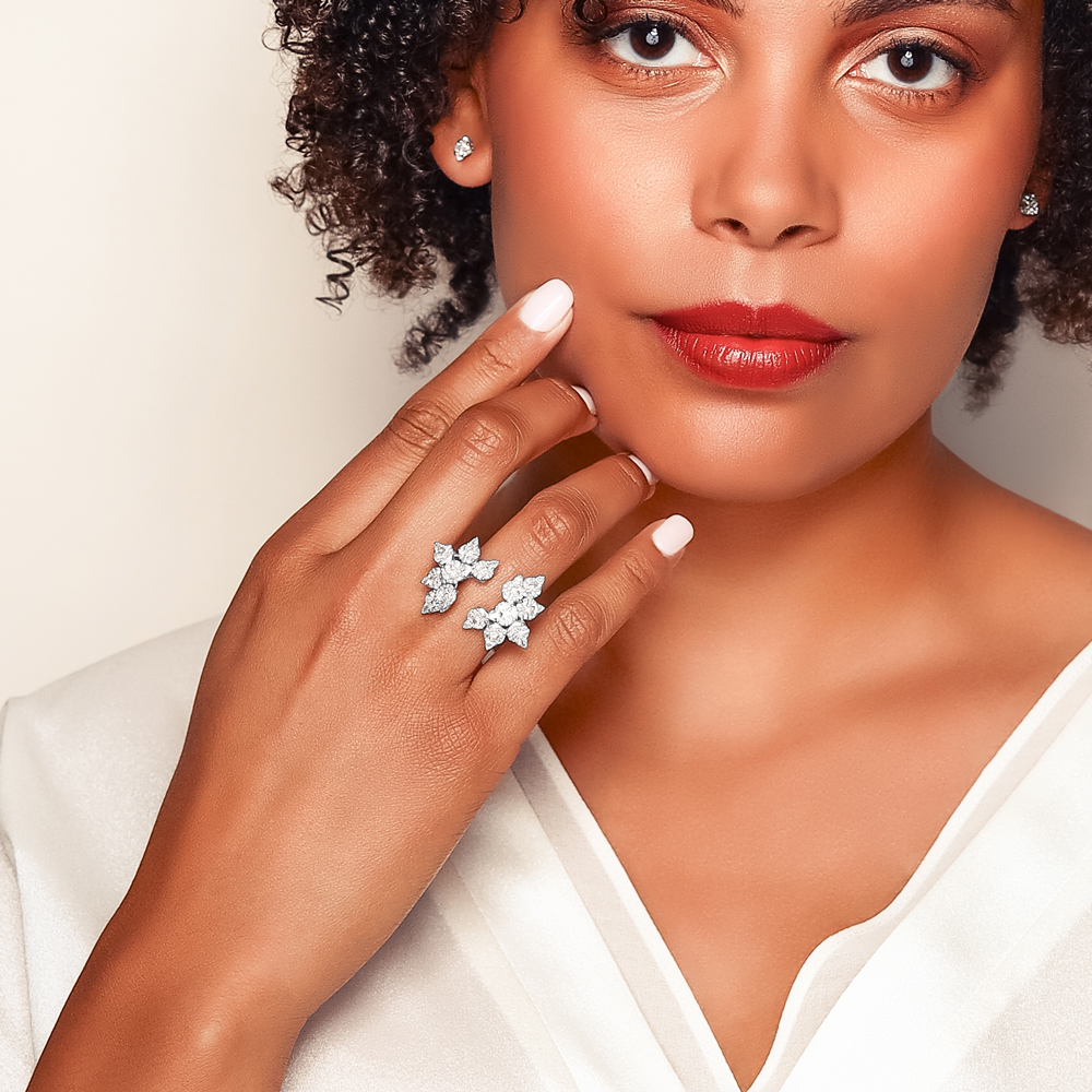 Mixed Shaped Diamond Floral Cluster Hug Ring in White Gold