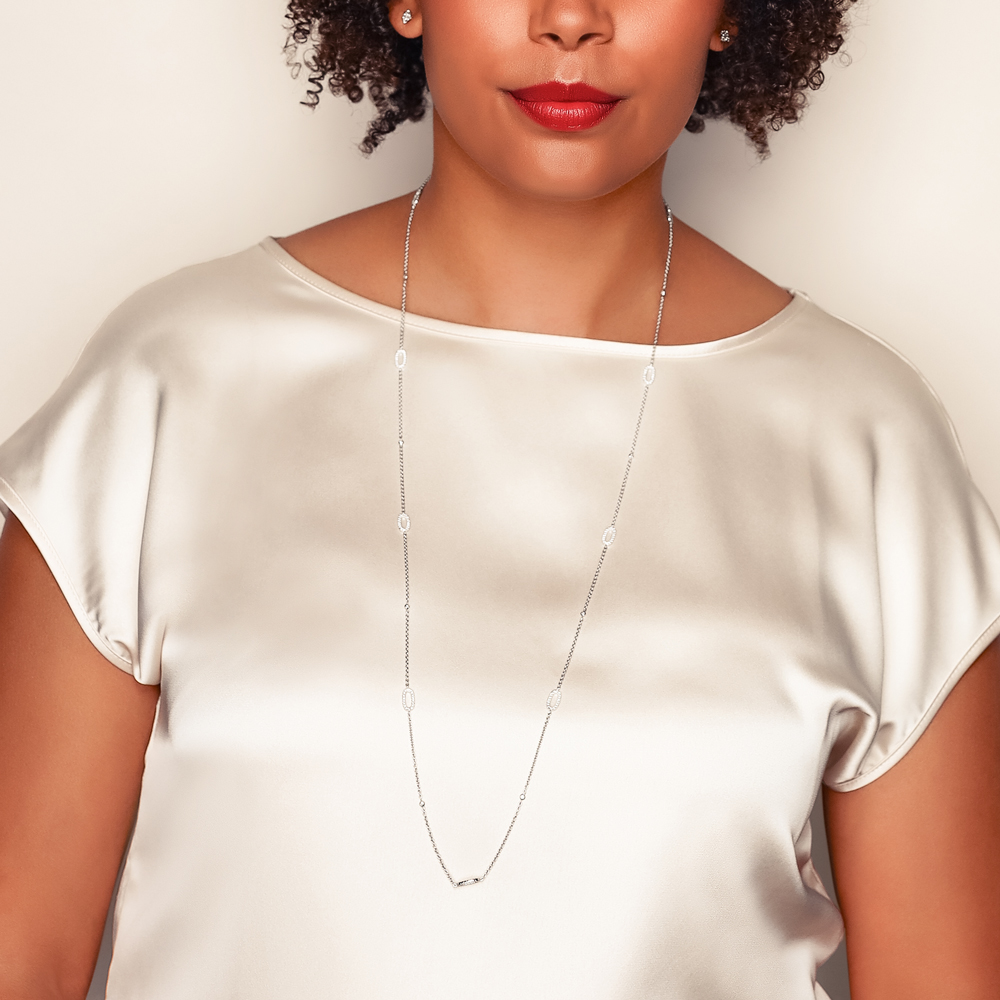 Diamond Link & Bezel Set Station Necklace in White Gold, 32