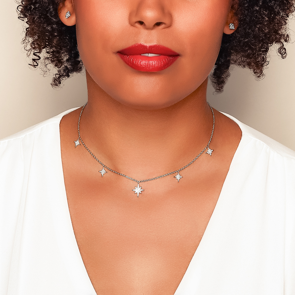 Diamond Pavé Starburst Dangle Station Necklace in White Gold, 16