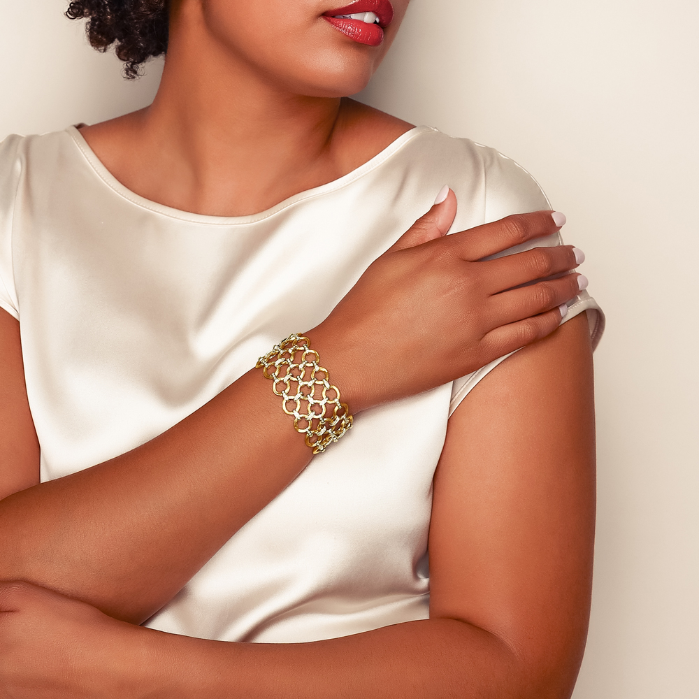 Marco Bicego Jaipur Diamond Flat & Circle Link 3 Row Bracelet in Yellow & White Gold, 7.25