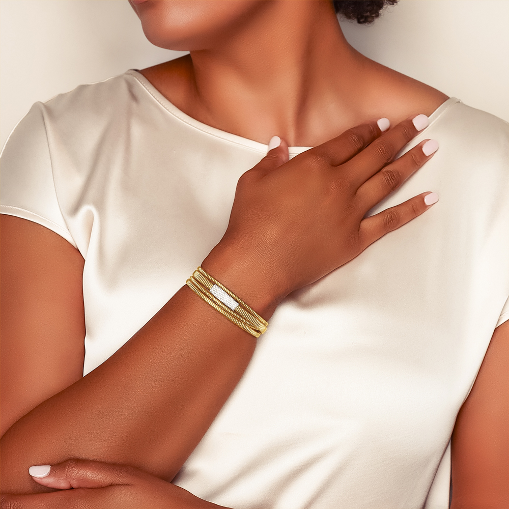 Diamond Pave 4 Band Crossover Coil Bracelet in Yellow & White Gold