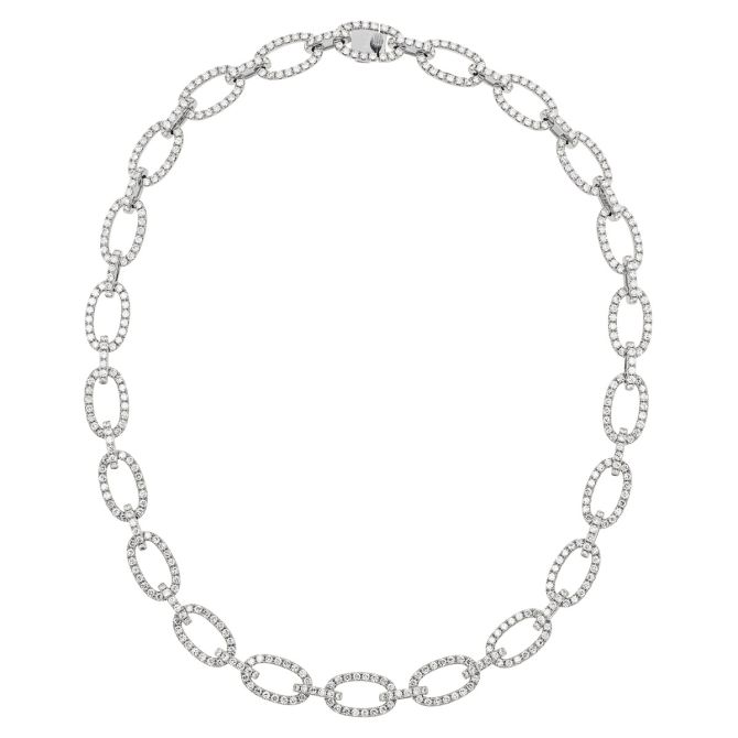 Diamond Pavé Open Oval Link Necklace in White Gold, 17"
