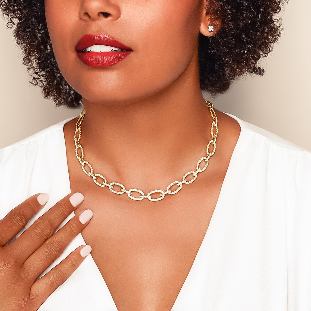 Diamond Pavé Open Oval Link Necklace in White Gold, 17