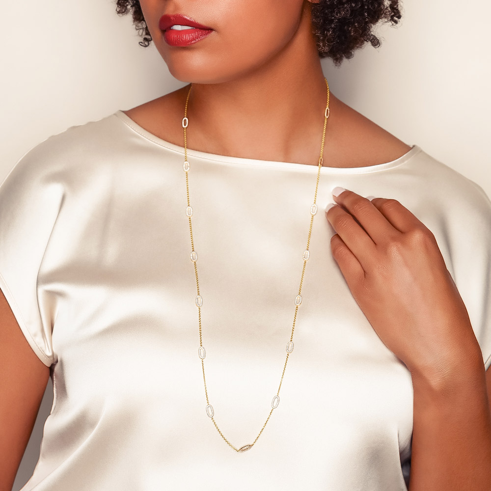 Diamond Oval Station Long Necklace in Yellow Gold, 36