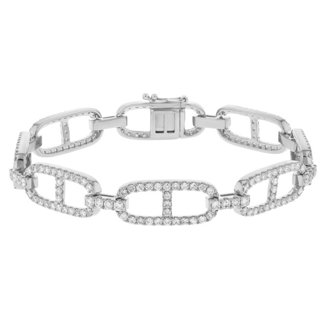 Diamond Oval & Bar Link Bracelet in White Gold, 7"