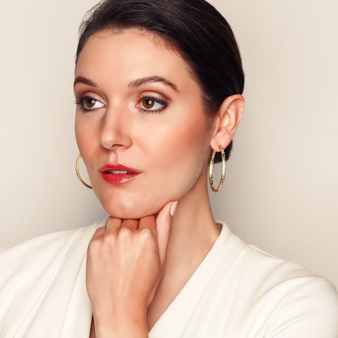 Diamond Flush Set Scatter Hoop Earrings in Matte Yellow Gold, 50 mm