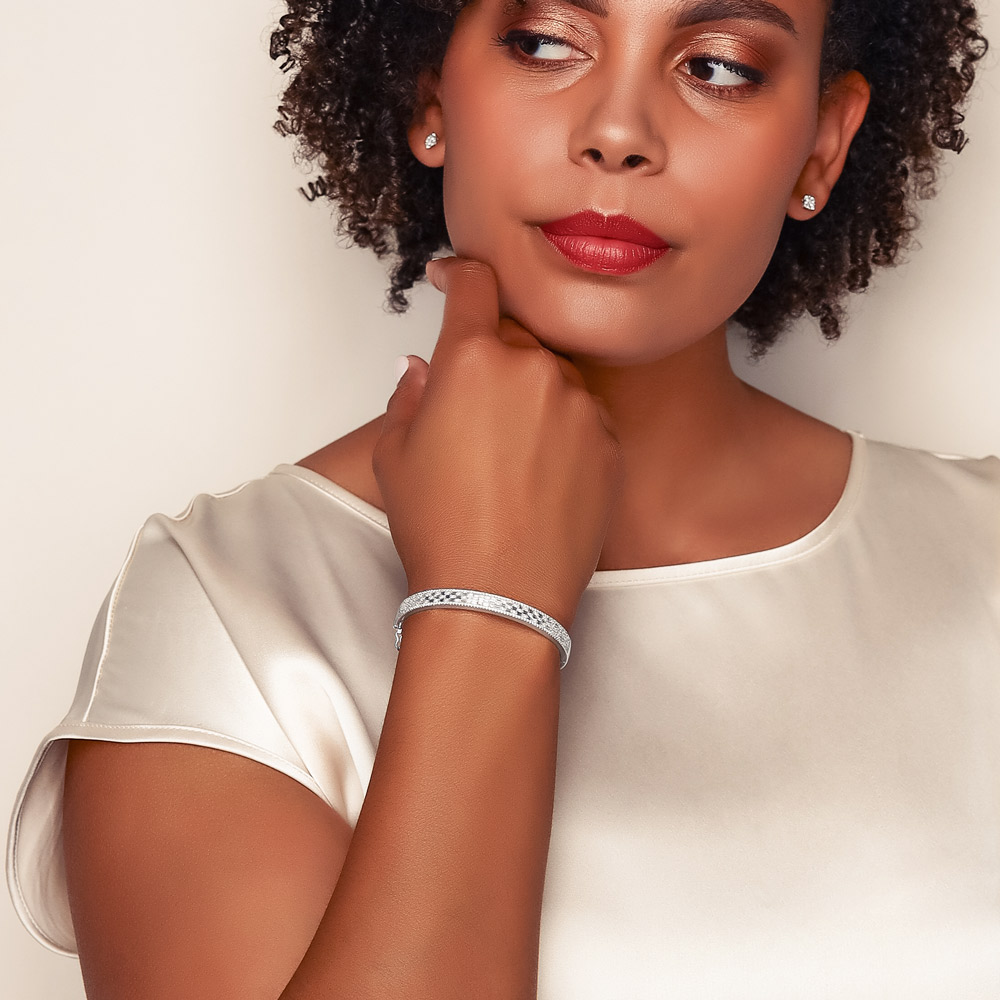 Baguette & Round Diamond Brick Pattern Graduated Bracelet in White Gold