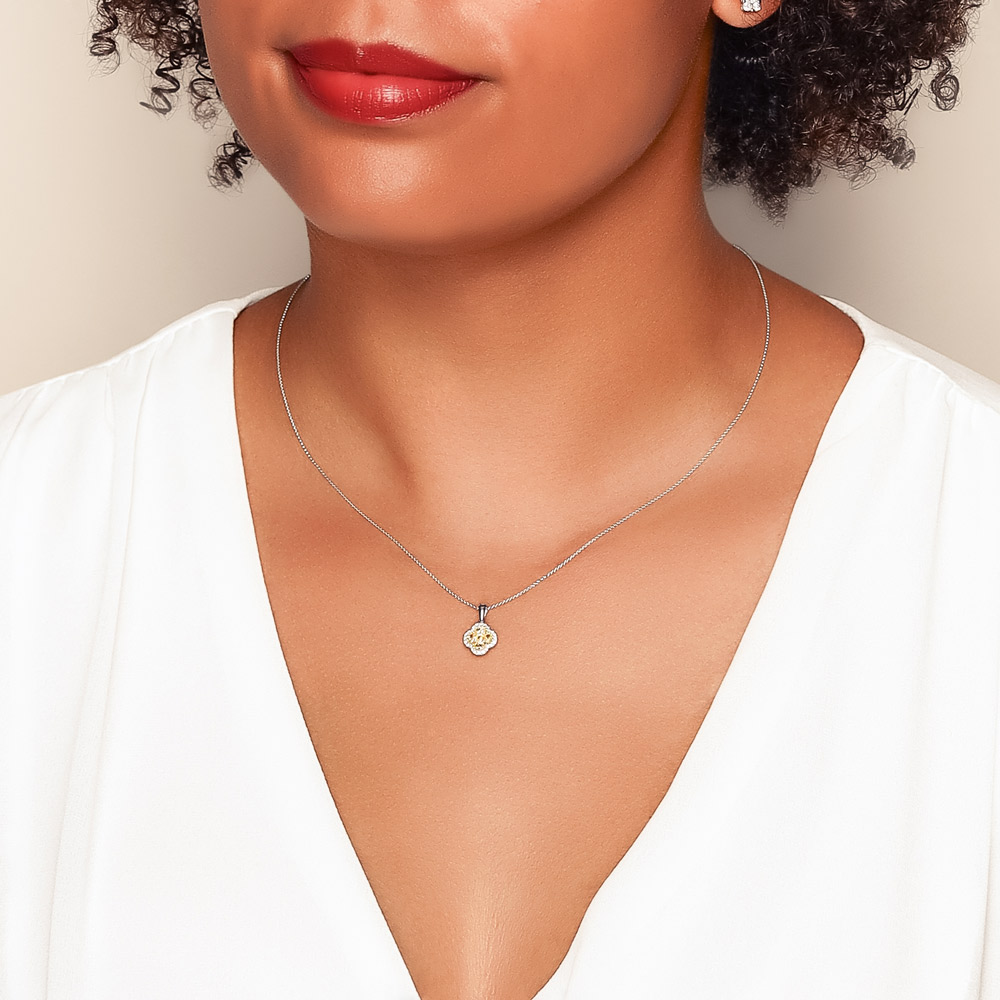 Fancy Yellow Diamond Clover Pendant with Halo in White Gold, 18