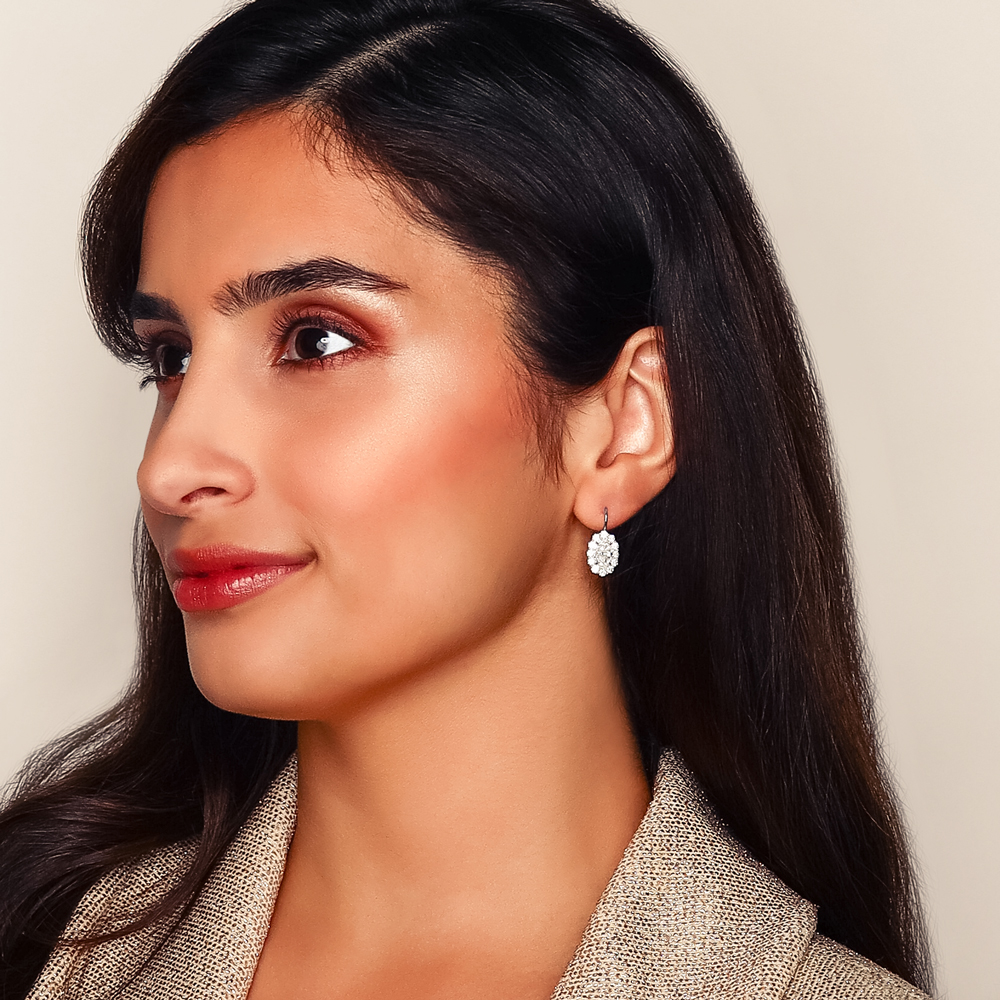 Rahaminov Oval Diamond Halo Large Leverback Dangle Earrings in White Gold