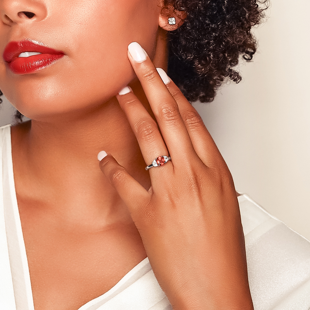 Cushion Ruby & Half Moon Diamond 3 Stone Ring in Platinum