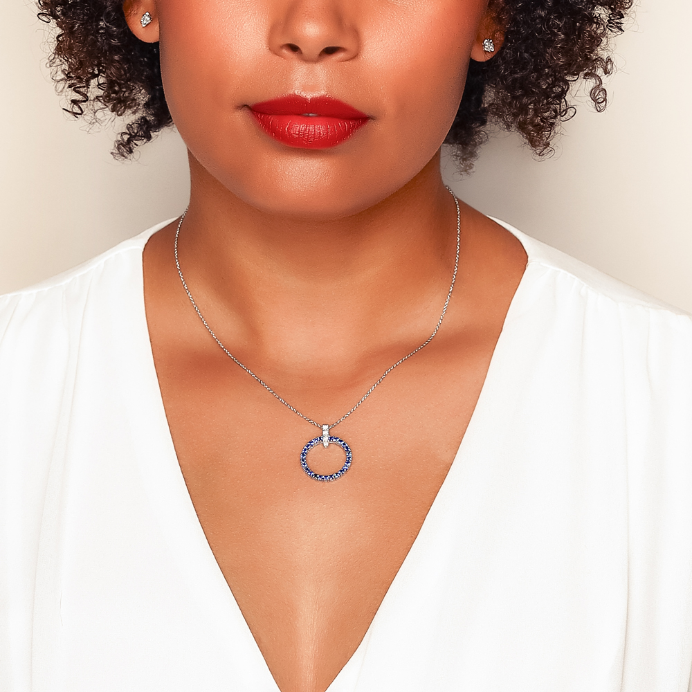 Sapphire Open Circle & Diamond Bail Pendant in White Gold, 18