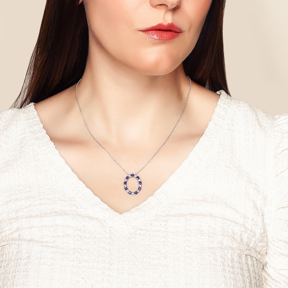 Sapphire & Diamond Alternating Open Oval Pendant in White Gold, 18