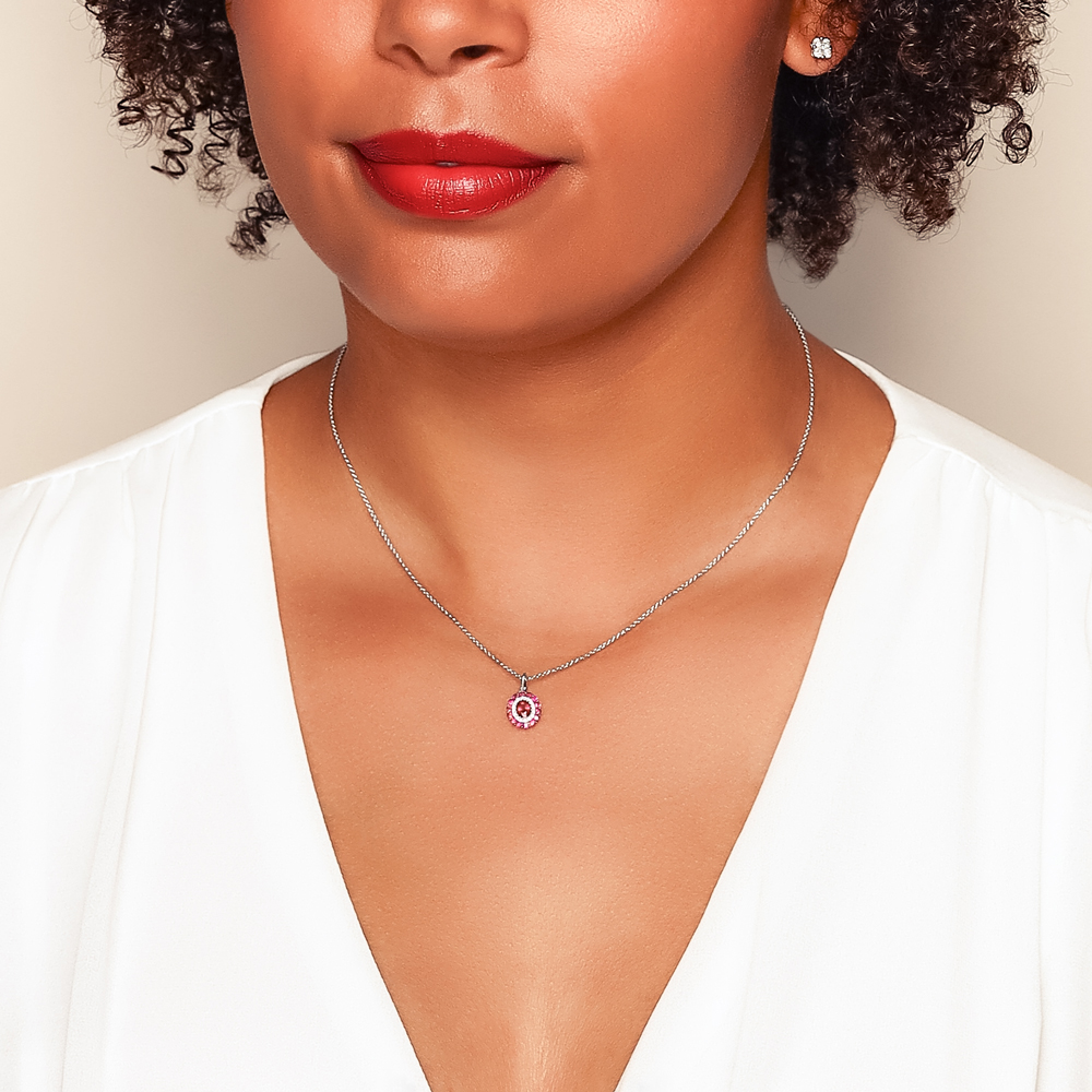 Oval Ruby with Diamond & Ruby Halo Pendant in White Gold, 18