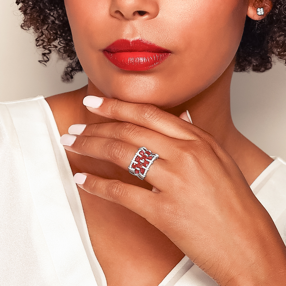 Oval Ruby & Diamond 3 Row Woven Ring in White Gold