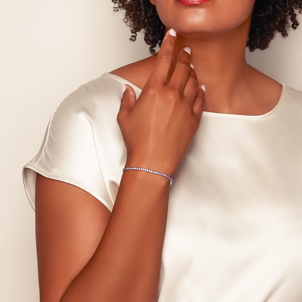 Round Pink Sapphire & Diamond Tennis Bracelet in White Gold, 7