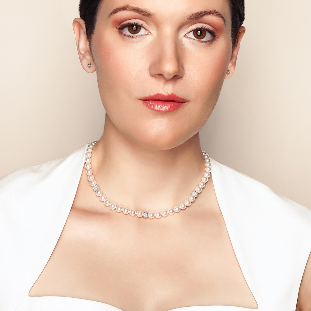 Mikimoto Akoya Cultured Pearl Strand with Diamond Stations in White Gold, 16