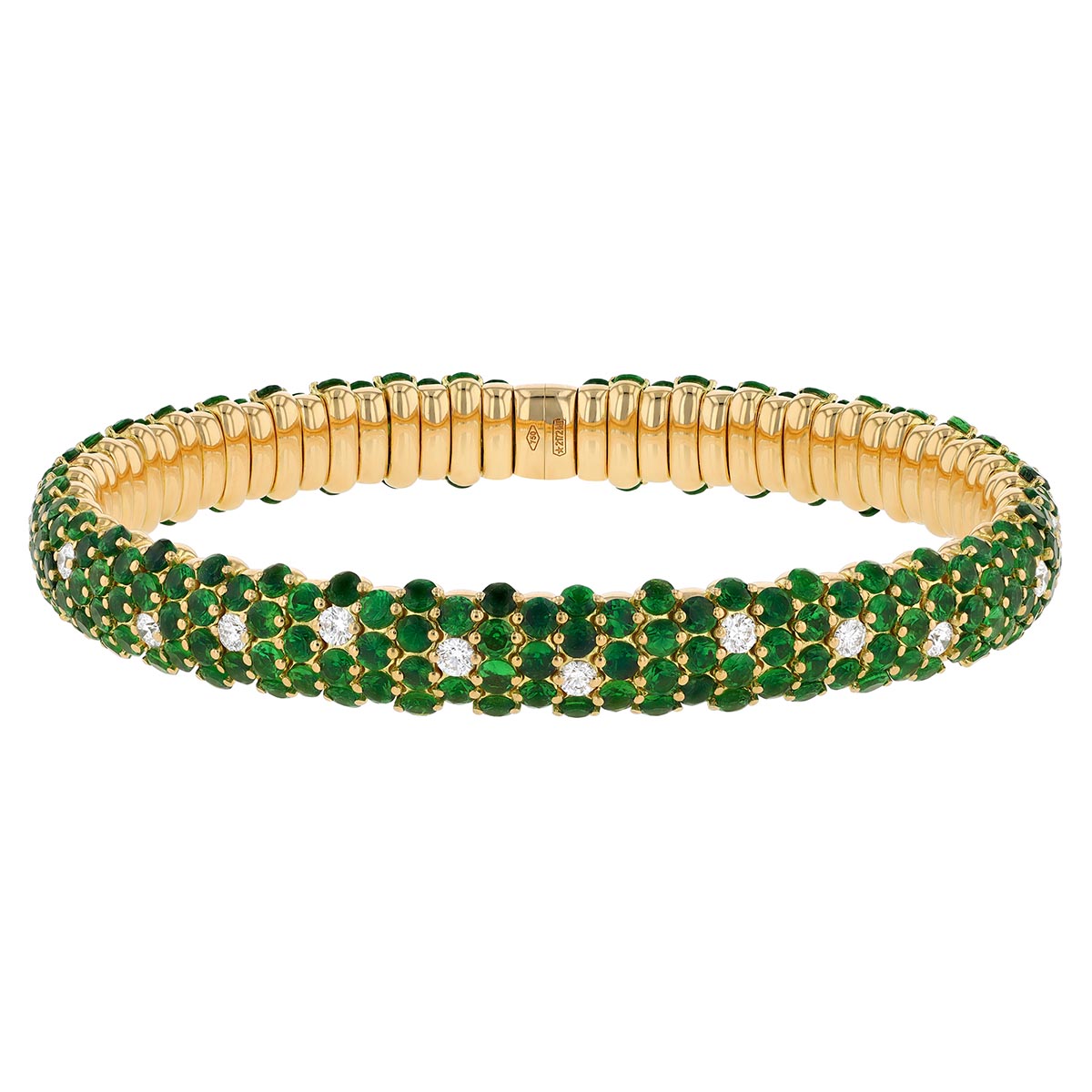 Zydo Collection Tsavorite Garnet & Diamond Pave Rounded Stretch Bracelet in Yellow Gold