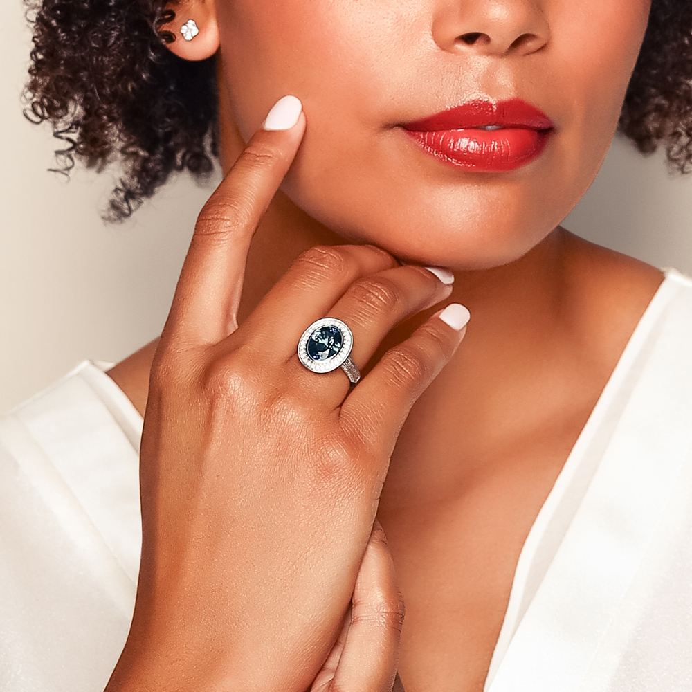 Oval Peacock Tanzanite & Diamond Halo Cocktail Ring in White Gold