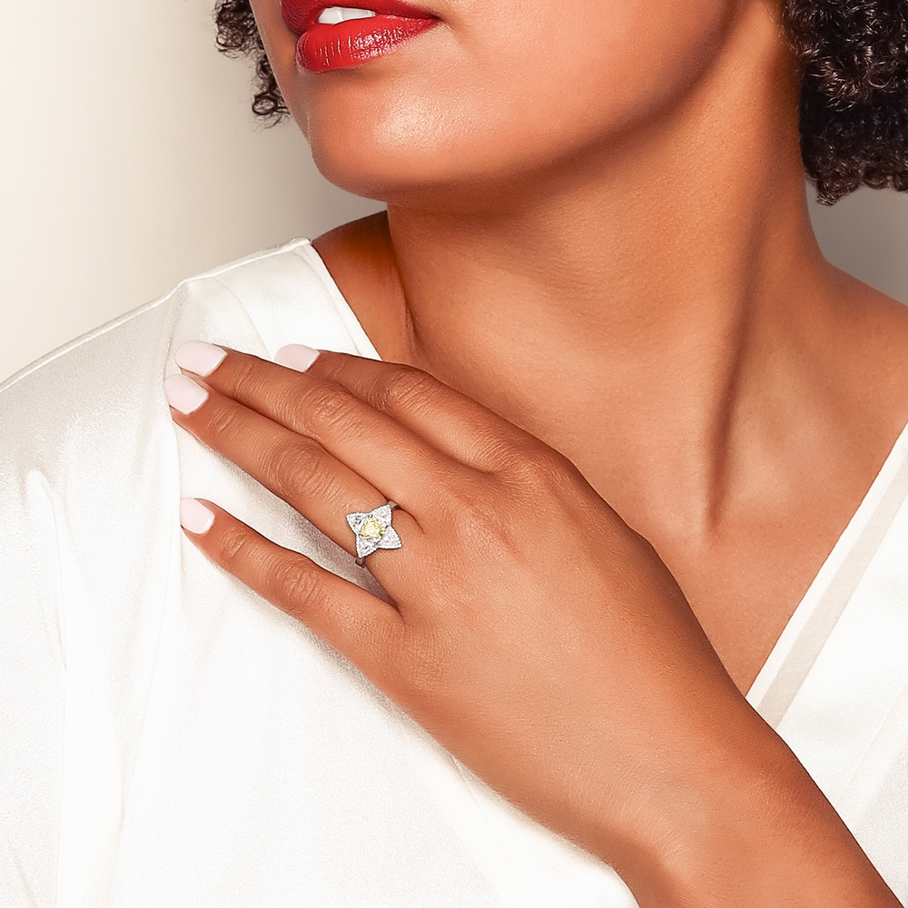 Cushion Yellow Diamond Ring with Trillion Diamond 4 Point Star & Halo in White Gold