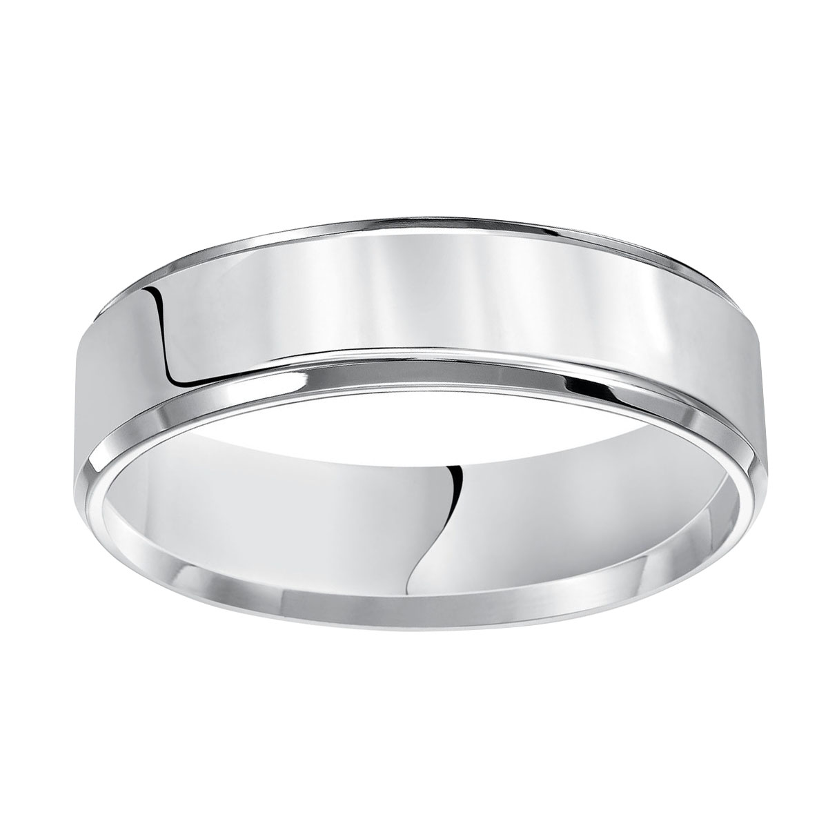 8 mm Comfort Fit Flat Wedding Band with Beveled Edge in White Gold, Size 11