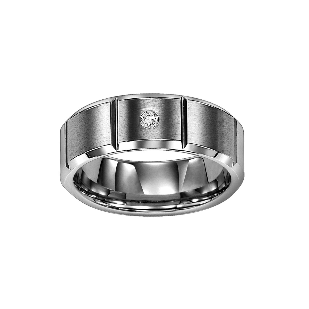 Tungsten Grooved 8 mm Matte Wedding Band with Single Diamond Accent, Size 10