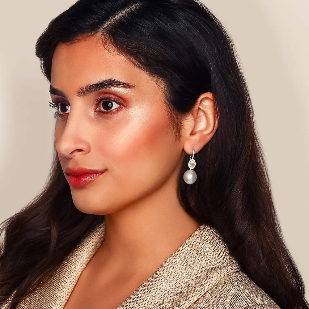 TARA Pearls South Sea Cultured Pearl, Fancy Vivid Yellow & White Diamond Drop Earrings in White Gold