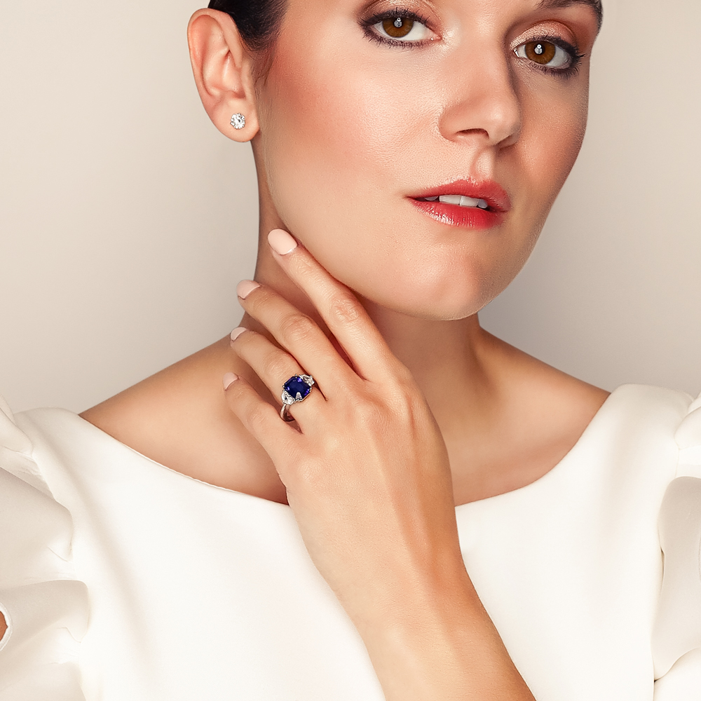 Emerald Cut Sapphire & Shield Cut Diamond 3 Stone Ring in Platinum