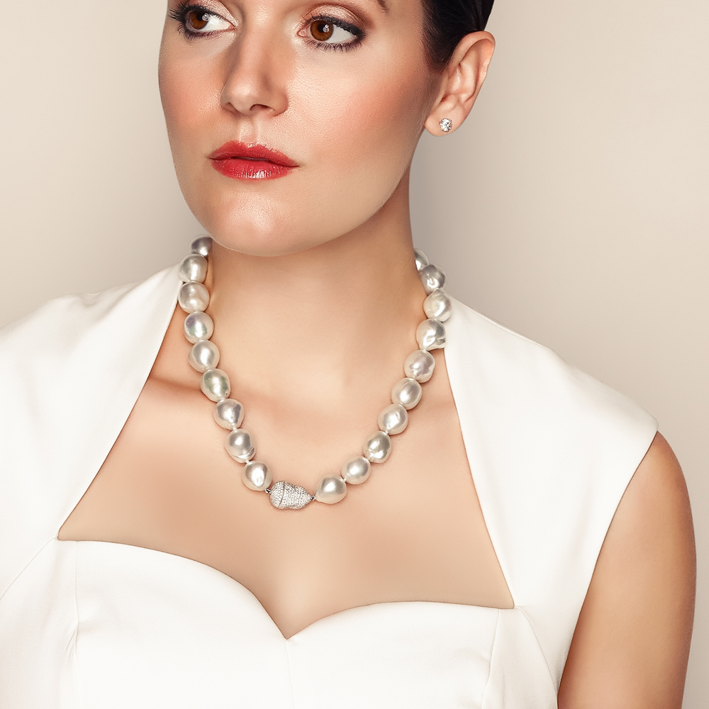 TARA Pearls South Sea Cultured Pearl & Diamond Pave Clasp Strand Necklace in White Gold, 19