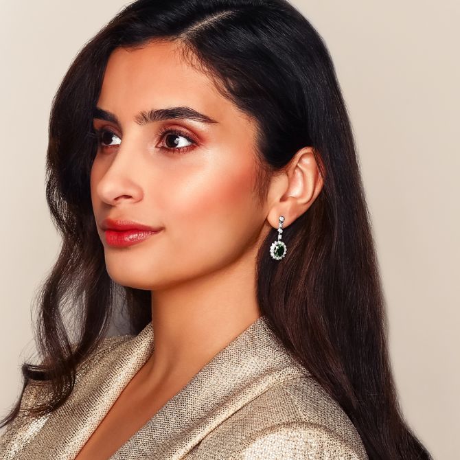 Oval Chrome Tourmaline & Diamond Scalloped Halo Dangle Earrings in White Gold