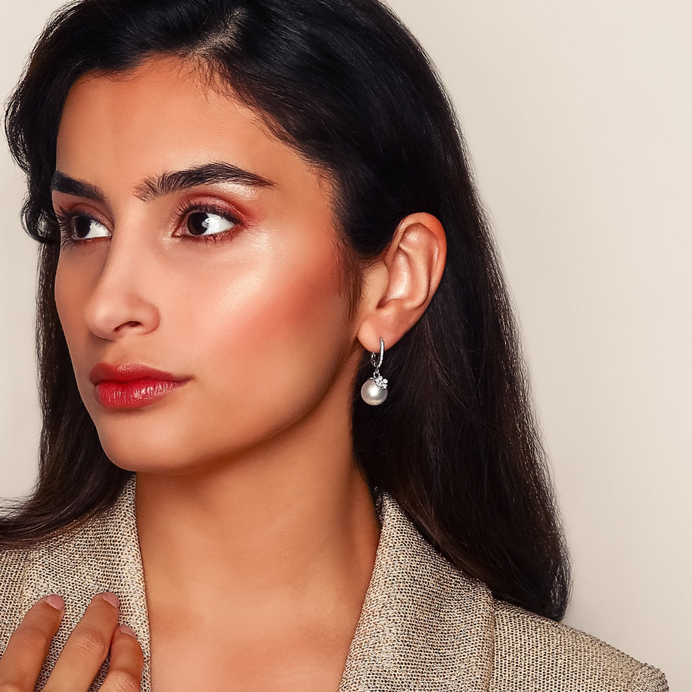 Mikimoto Cherry Blossom South Sea Cultured Pearl & Diamond Dangle Earrings in White Gold