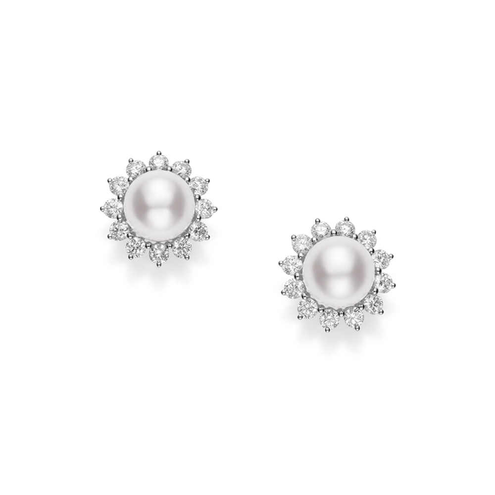 Mikimoto Akoya Cultured Pearl & Diamond Floral Halo Stud Earrings in White Gold, 8.5 mm