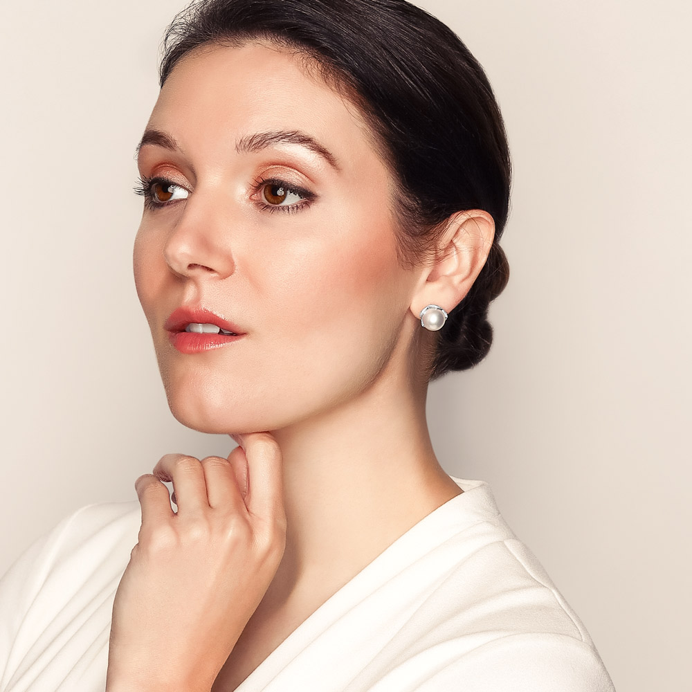 Mikimoto South Sea Cultured Pearl & Diamond Pointed Basket Stud Earrings in White Gold