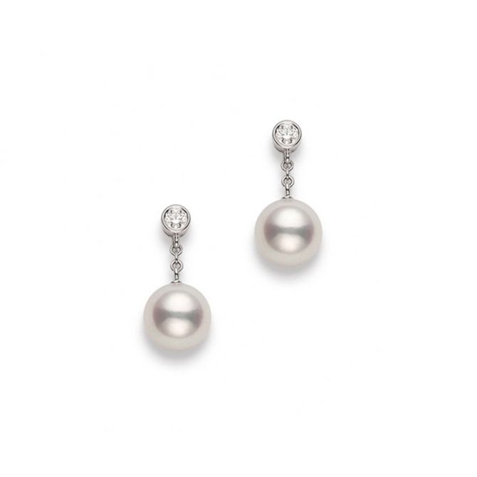 Mikimoto Akoya Cultured Pearl & Bezel Set Diamond Dangle Earrings in White Gold