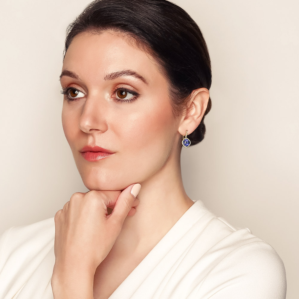 Omi Prive Sapphire & Diamond Double Cushion Halo Drop Earrings in Yellow Gold