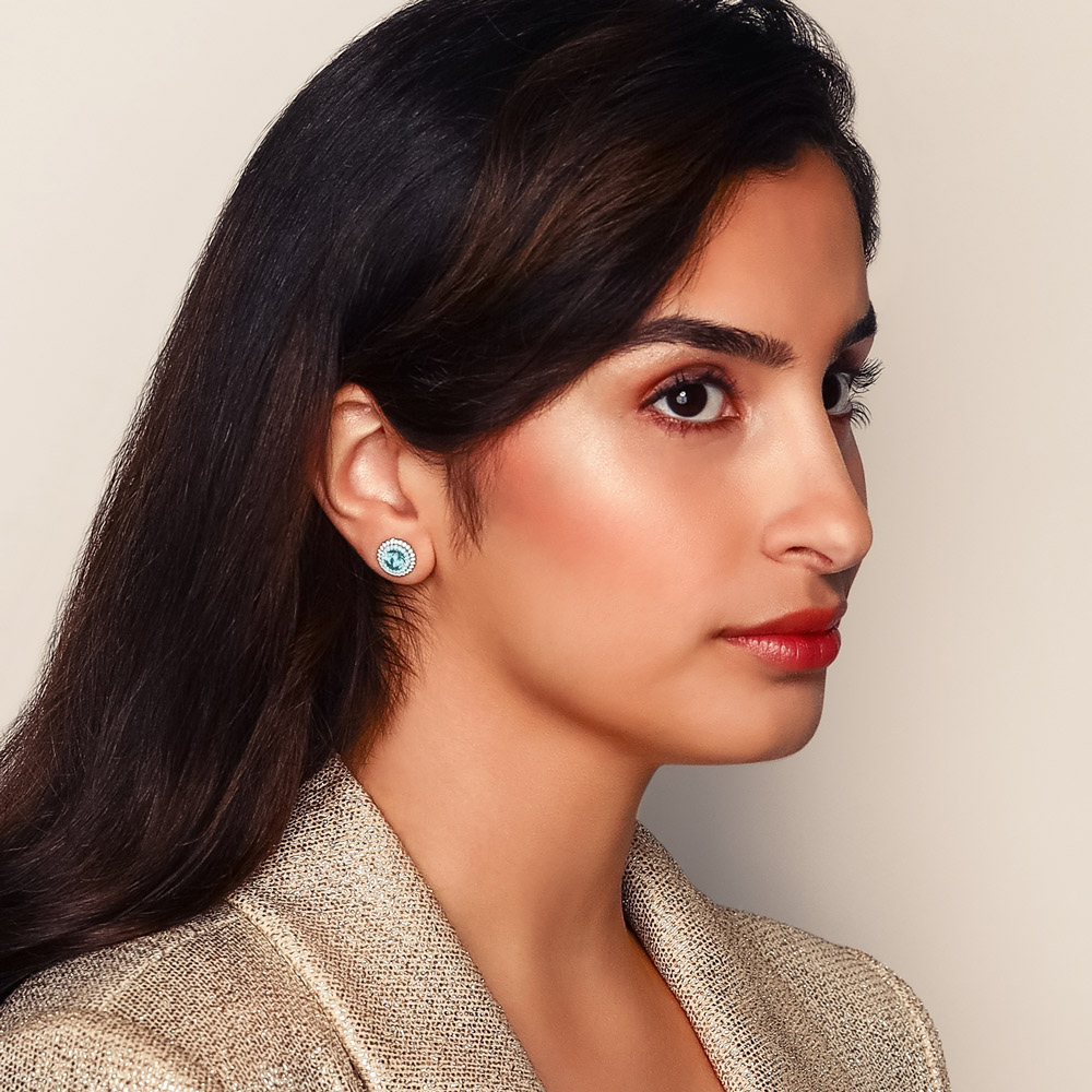 Omi Prive Paraiba Tourmaline & Diamond Double Halo Round Stud Earrings in Platinum