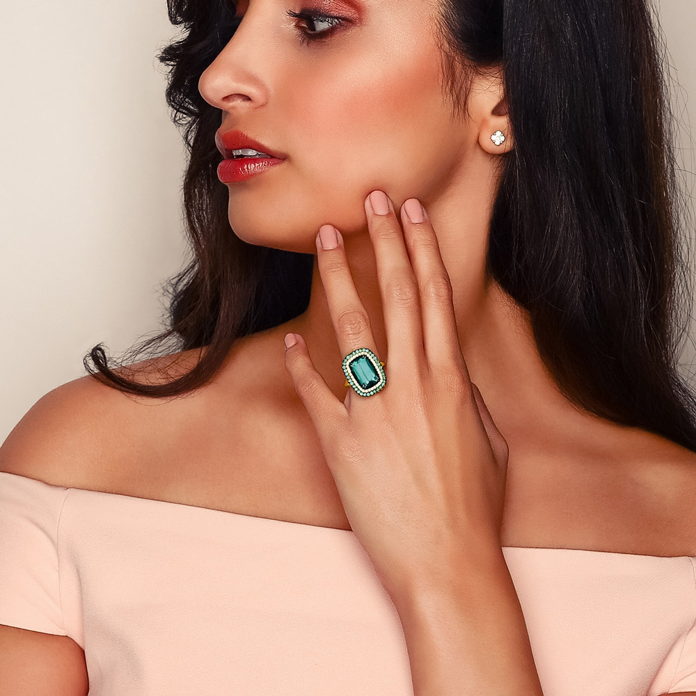 Omi Prive Indicolite Tourmaline Ring with Alexandrite & Diamond Double Halo in Yellow Gold