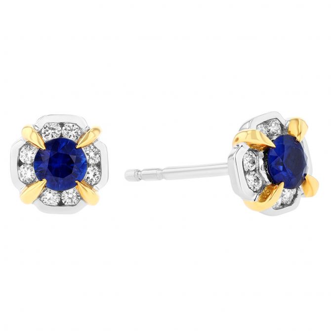 Sapphire & Diamond Petite Clover Stud Earrings in Two Tone