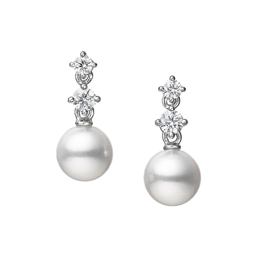 Mikimoto Akoya Cultured Pearl & Double Diamond Dangle Earrings in White Gold