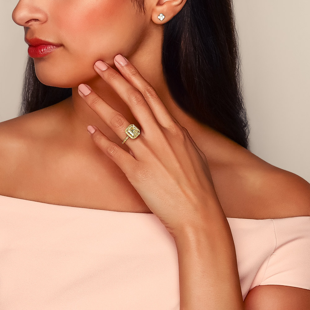 Fancy Light Yellow Radiant Diamond Ring with Fancy Yellow Diamond Halo & Shank