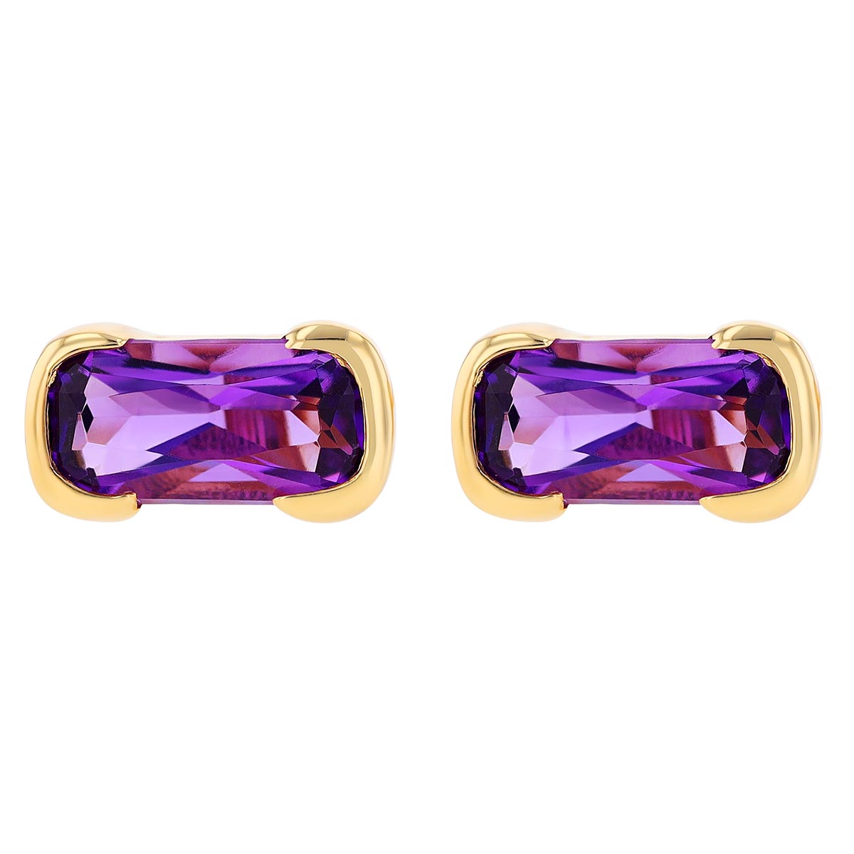 Cushion Cut Amethyst Half Bezel Stud Earrings in Yellow Gold