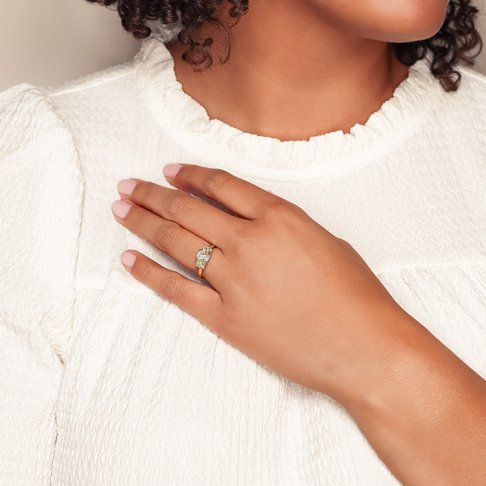 Radiant Cut White & Fancy Yellow Diamond 3 Stone Engagement Ring in Two Tone, 2.24 cttw