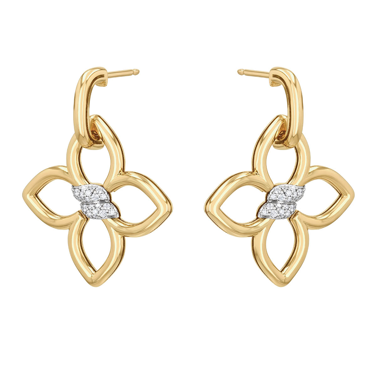 Roberto Coin Cialoma Diamond Pav Twist Flower Dangle Hoop Earrings in Yellow Gold
