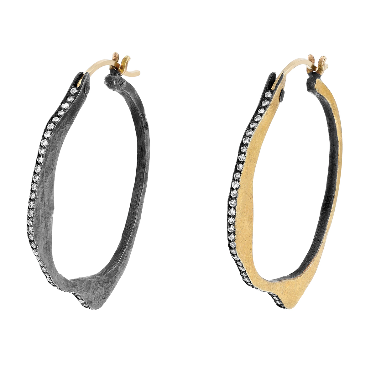 Lika Behar Kiki Diamond Abstract Flat Hoop Earrings in Yellow Gold & Oxidized Silver, 30 mm