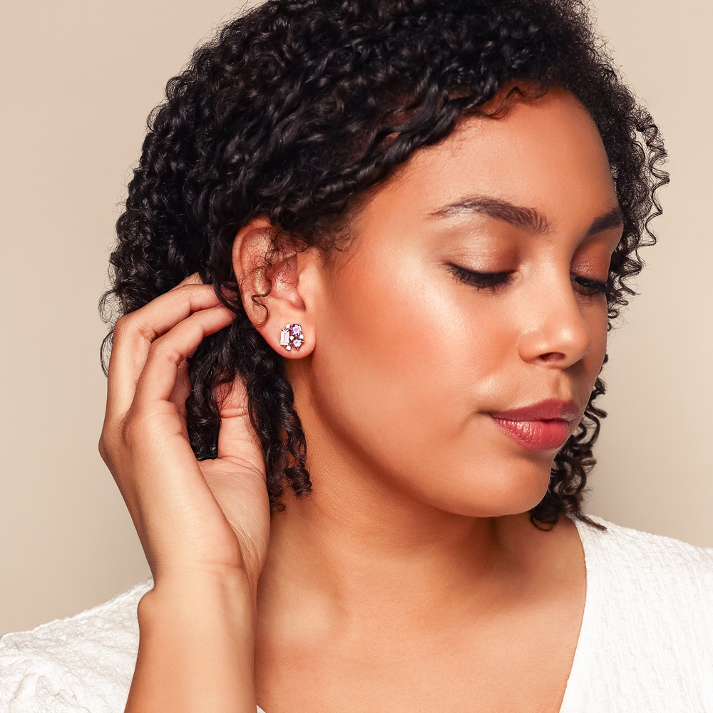 Multi-Shape Amethyst & Round Diamond Cluster Stud Earrings in Yellow Gold