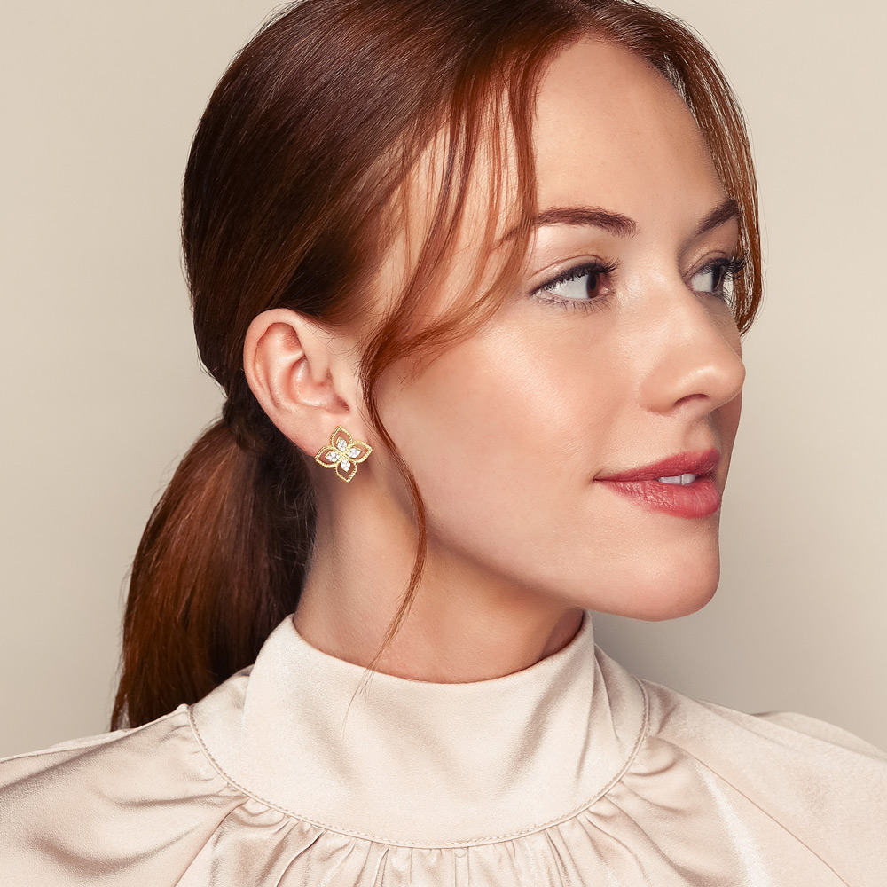 Roberto Coin Principessa Flower Diamond Pavé Two Tone Post Earrings