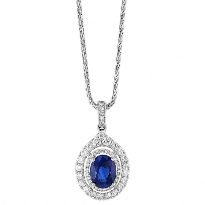 TARA Pearls Oval Sapphire & Double Diamond Halo Pendant in White Gold