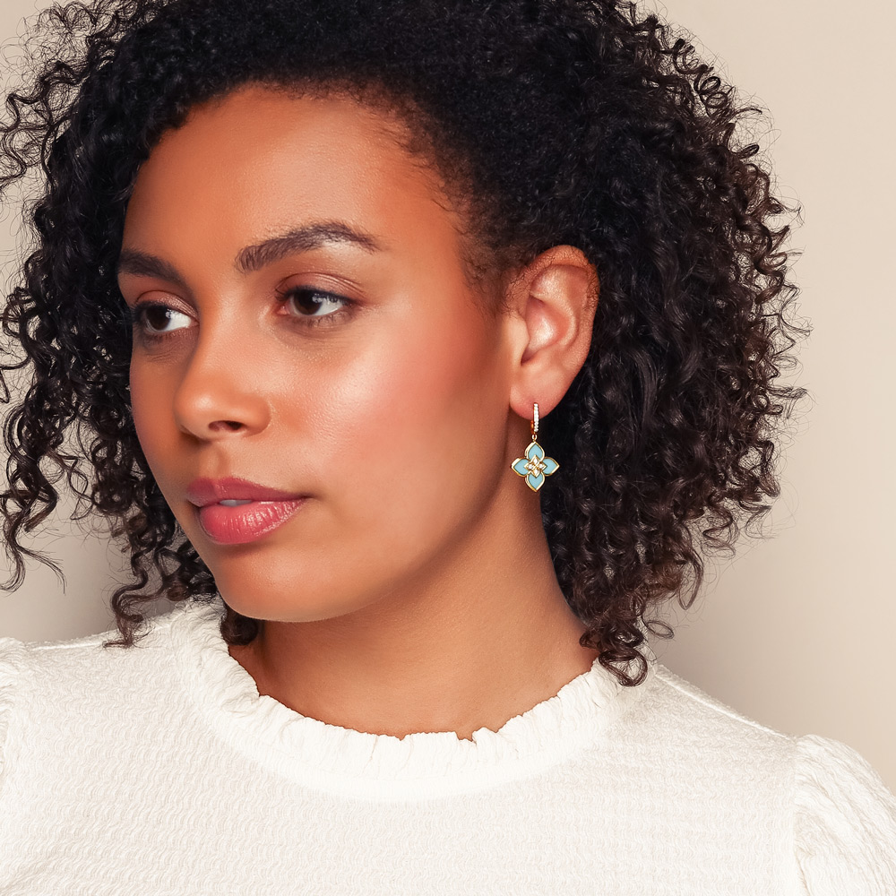 Roberto Coin Venetian Princess Turquoise & Diamond Flower Dangle Hoop Earrings in Yellow Gold